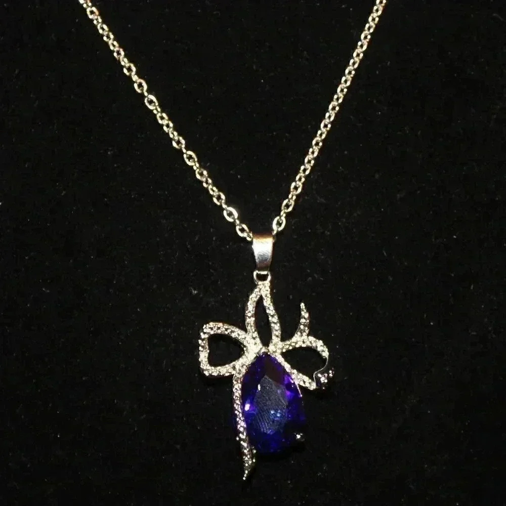 Vintage NOS Silver Blue Gemstone Bowtie Costume Cocktail Necklace Jewelry